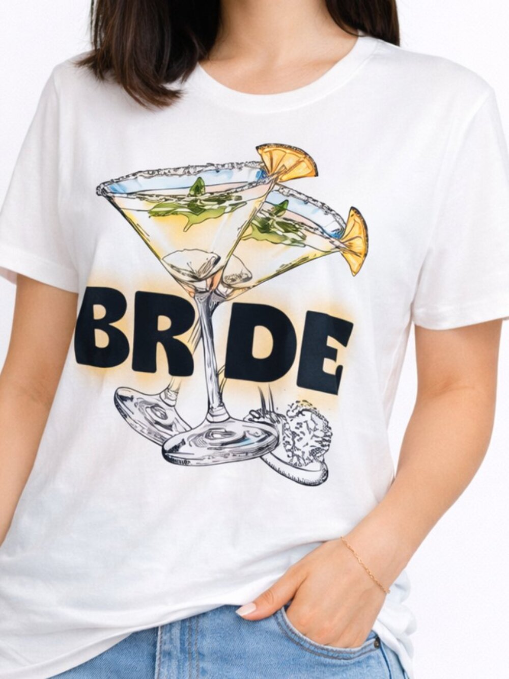 XL Womens White Bride Martini Graphic T-Shirt Bachelorette Party Honeymoon